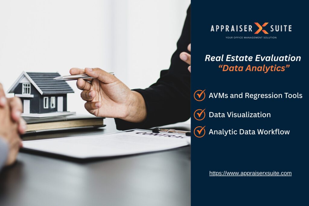 Two professionals review a contract at a desk with a model house. Text highlights Appraiser X Suite’s data analytics tools including AVMs and regression analysis.